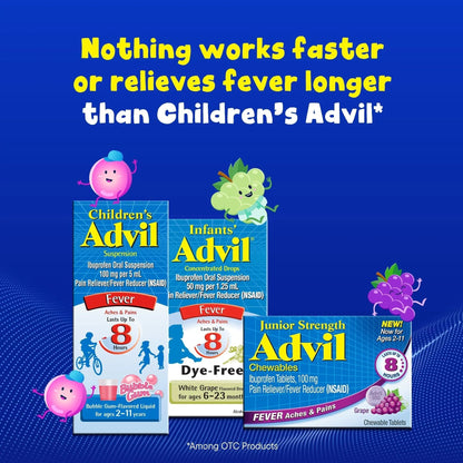 Advil Junior Strength Chewable Ibuprofen Pain Reliever and Fever Reducer, Children's Ibuprofen for Pain Relief, Grape - 24 Tablets (Pack of 3) - Maple Wellness Supplements