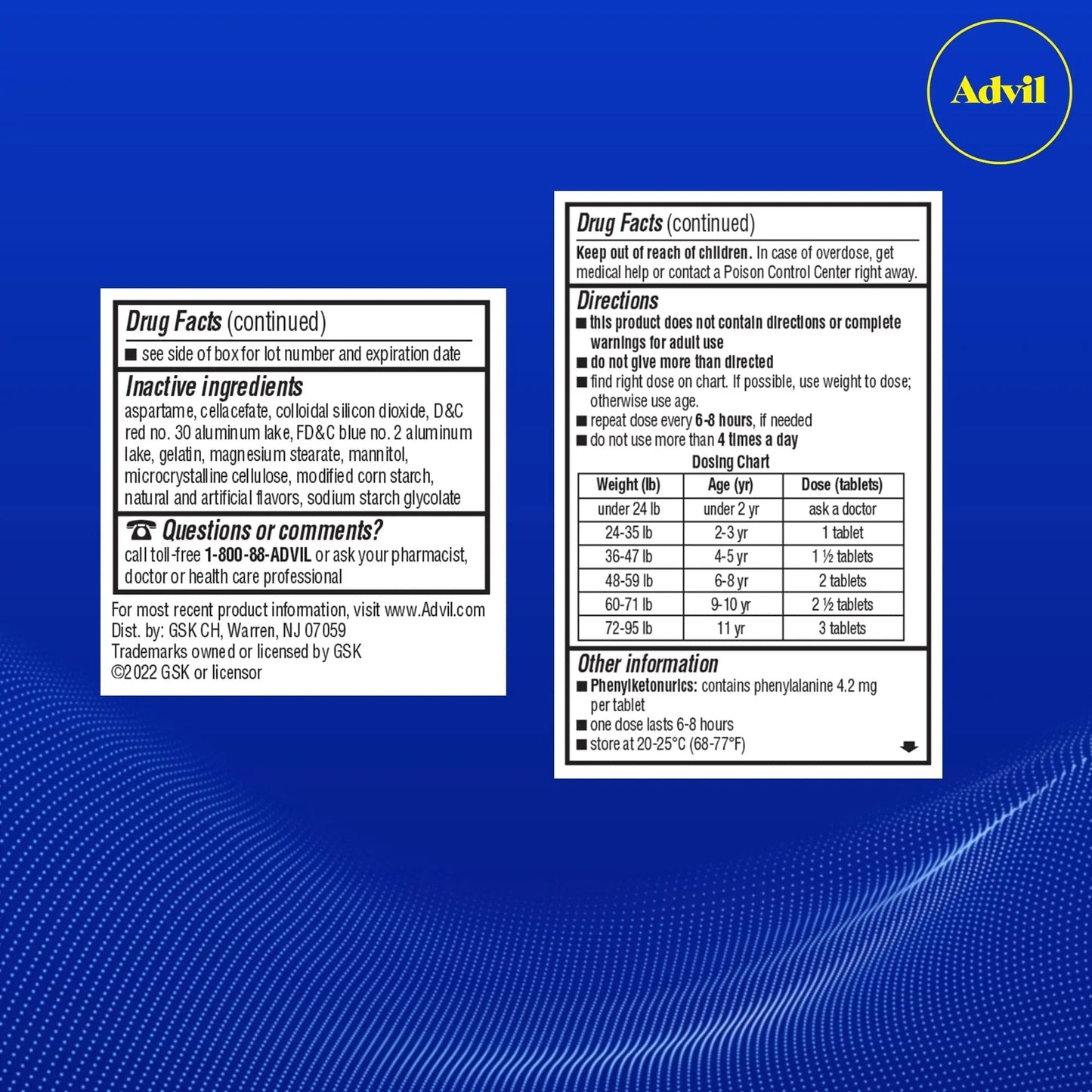 Advil Junior Strength Chewable Ibuprofen Pain Reliever and Fever Reducer, Children's Ibuprofen for Pain Relief, Grape - 24 Tablets (Pack of 3) - Maple Wellness Supplements