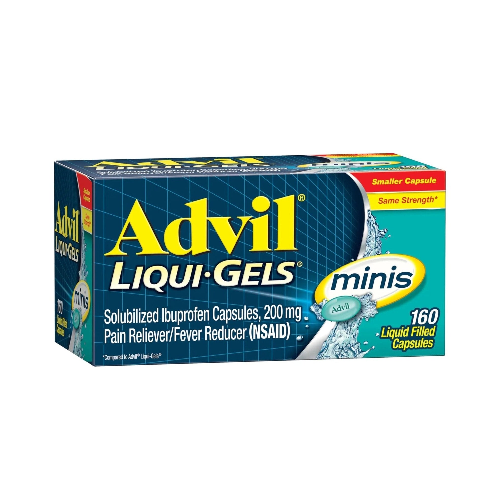 Advil Liqui-Gels Minis Pain Reliever and Fever Reducer, Pain Medicine for Adults with Ibuprofen 200mg for Pain Relief - 160 Liquid Filled Capsules - Maple Wellness Supplements