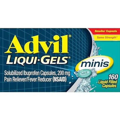 Advil Liqui-Gels Minis Pain Reliever and Fever Reducer, Pain Medicine for Adults with Ibuprofen 200mg for Pain Relief - 160 Liquid Filled Capsules - Maple Wellness Supplements