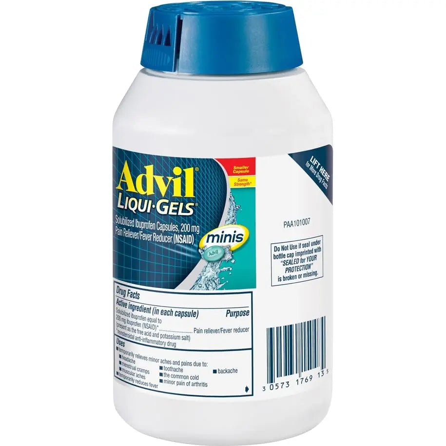 Advil Liqui-Gels minis Pain Reliever and Fever Reducer, Pain Medicine for Adults with Ibuprofen 200mg for Pain Relief - 200 Liquid Filled Capsules - Maple Wellness Supplements