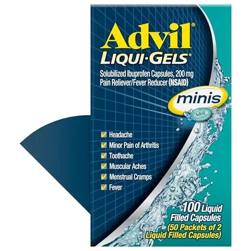 Advil Liqui-Gels minis Pain Reliever and Fever Reducer, Pain Medicine for Adults with Ibuprofen 200mg for Pain Relief - 50x2 Liquid Filled Capsules - Maple Wellness Supplements