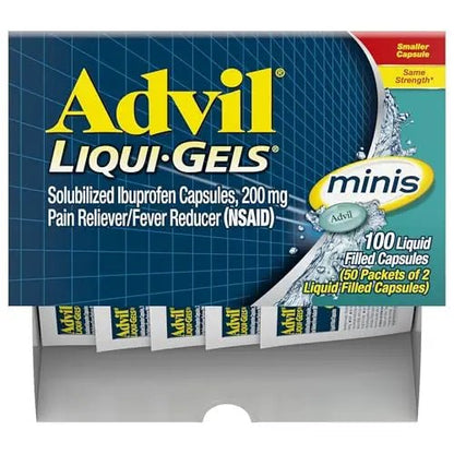 Advil Liqui-Gels minis Pain Reliever and Fever Reducer, Pain Medicine for Adults with Ibuprofen 200mg for Pain Relief - 50x2 Liquid Filled Capsules - Maple Wellness Supplements