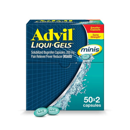 Advil Liqui-Gels minis Pain Reliever and Fever Reducer, Pain Medicine for Adults with Ibuprofen 200mg for Pain Relief - 50x2 Liquid Filled Capsules - Maple Wellness Supplements