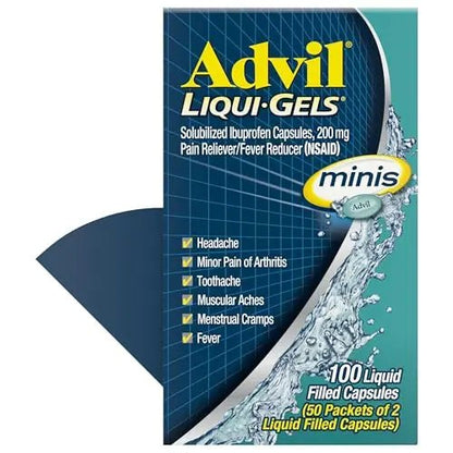 Advil Liqui-Gels minis Pain Reliever and Fever Reducer, Pain Medicine for Adults with Ibuprofen 200mg for Pain Relief - 50x2 Liquid Filled Capsules - Maple Wellness Supplements