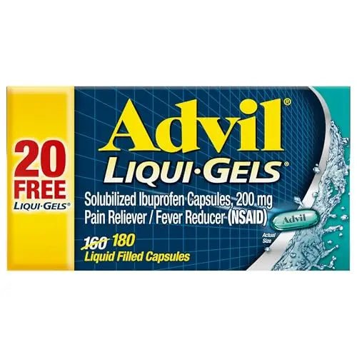 Advil Liqui-Gels Pain Reliever and Fever Reducer, Pain Medicine for Adults with Ibuprofen 200mg for Headache, Backache, Menstrual Pain and Joint Pain Relief - 180 Liquid Filled Capsules - Maple Wellness Supplements