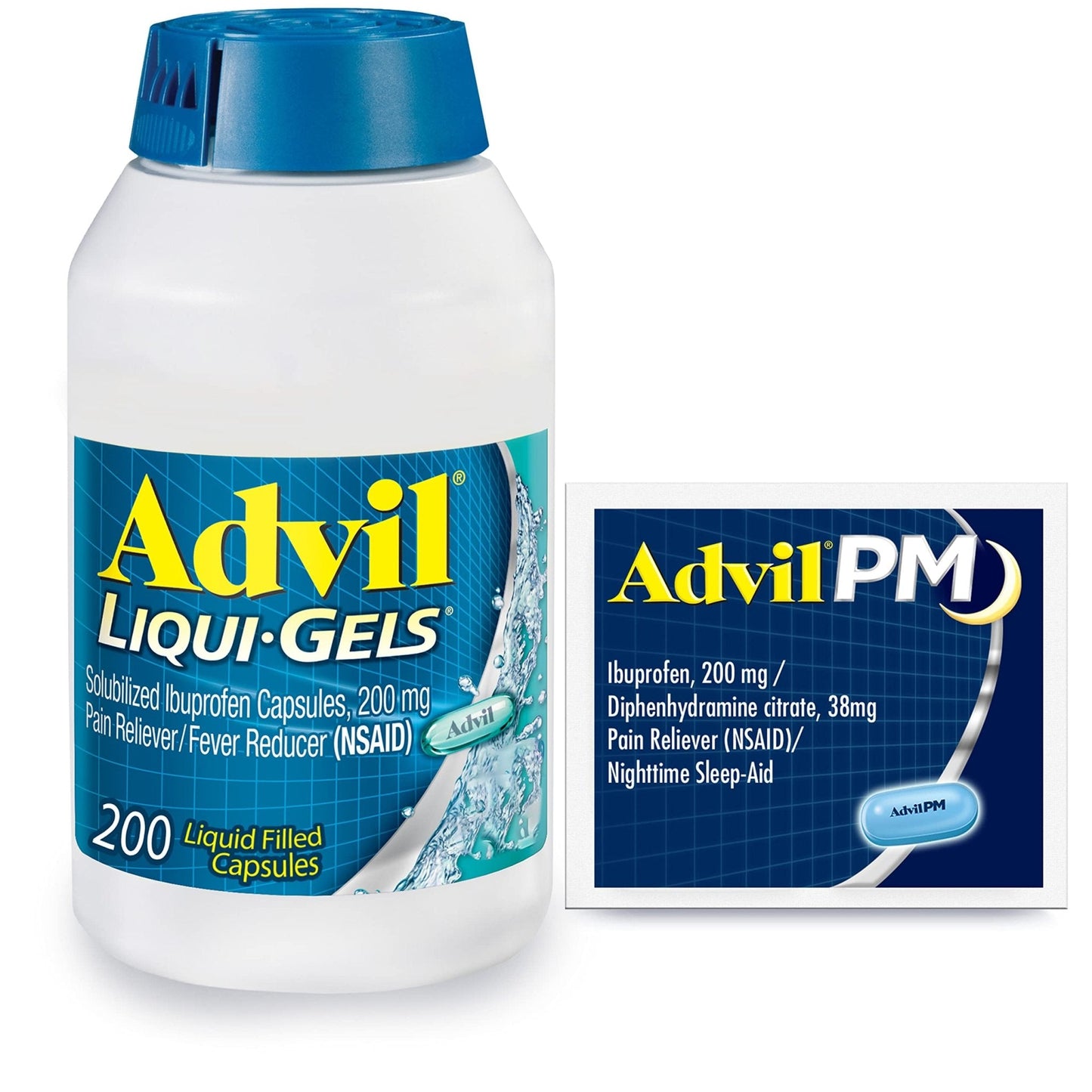 Advil Liqui-Gels Pain Reliever and Fever Reducer, Pain Medicine for Adults with Ibuprofen 200mg for Headache, Backache, Menstrual Pain and Joint Pain Relief - 200 Capsules, Advil PM Ibuprofen - 2 Ct - Maple Wellness Supplements