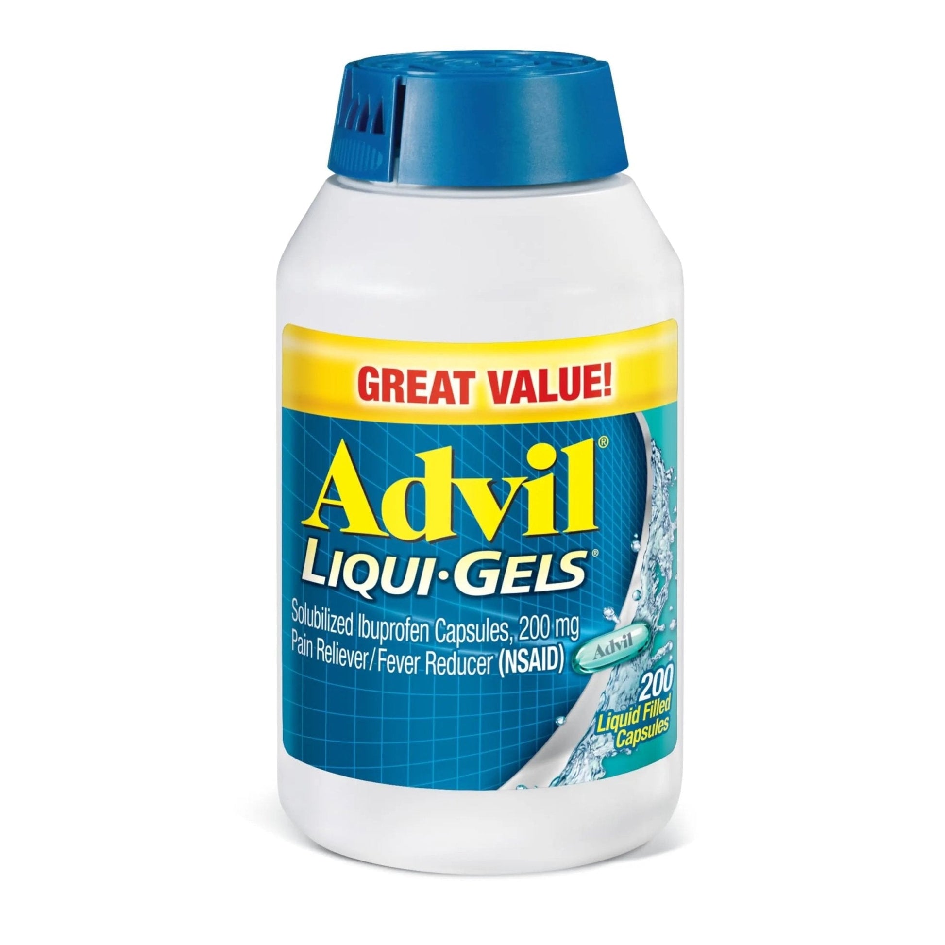 Advil Liqui-Gels Pain Reliever and Fever Reducer, Pain Medicine for Adults with Ibuprofen 200mg for Headache, Backache, Menstrual Pain and Joint Pain Relief - 200 Liquid Filled Capsules - Maple Wellness Supplements