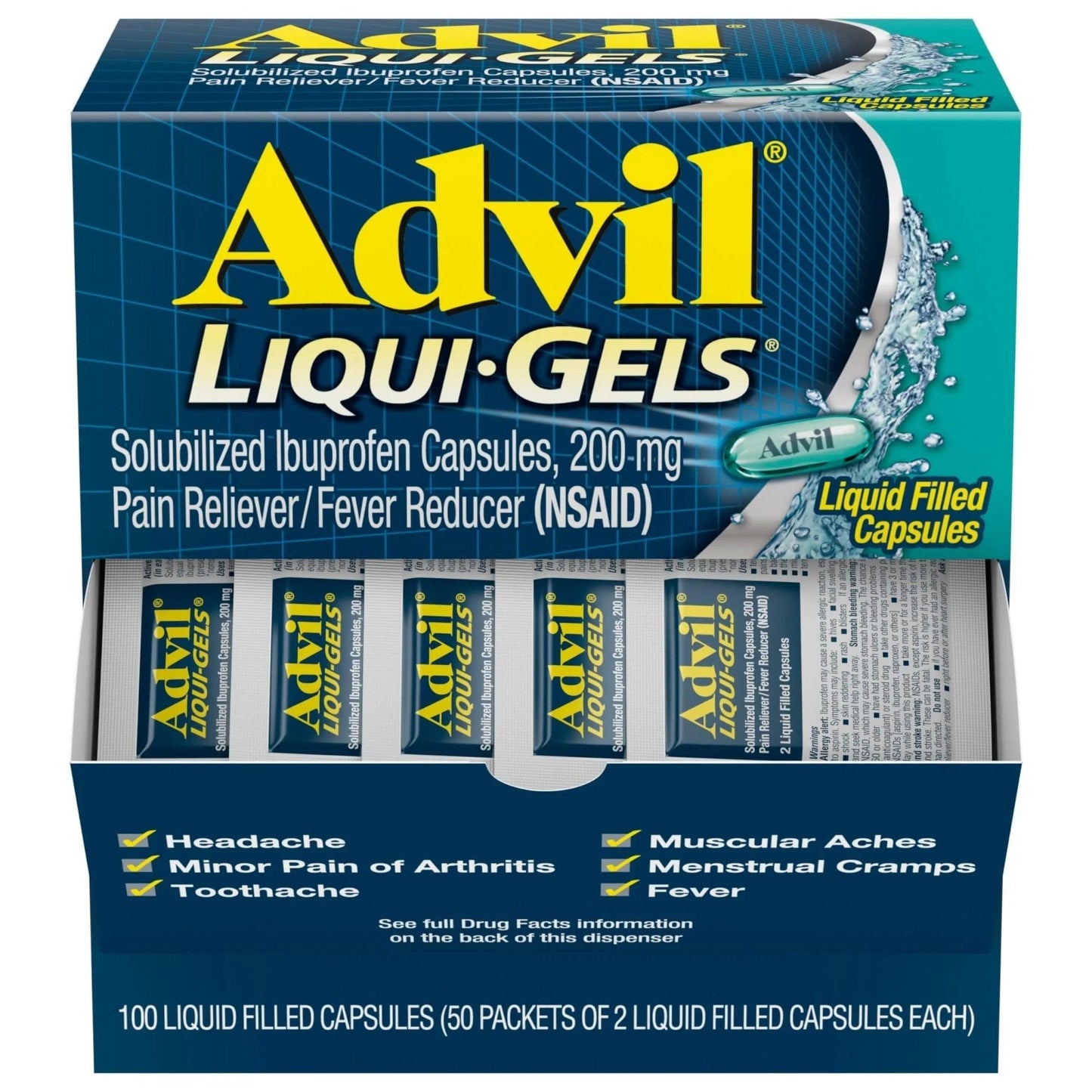 Advil Liqui-Gels Pain Reliever and Fever Reducer, Pain Medicine for Adults with Ibuprofen 200mg for Headache, Backache, Menstrual Pain and Joint Pain Relief - 50x2 Liquid Filled Capsules - Maple Wellness Supplements
