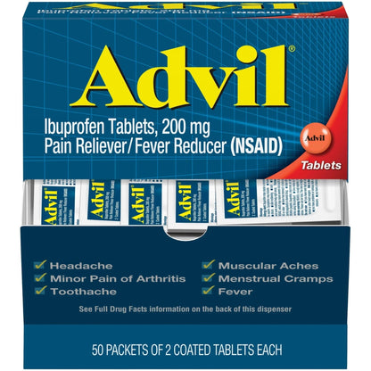 Advil Pain Reliever and Fever Reducer, Pain Relief Medicine with Ibuprofen 200mg for Headache, Backache, Menstrual Pain and Joint Pain Relief - 50x2 Coated Tablets - Maple Wellness Supplements