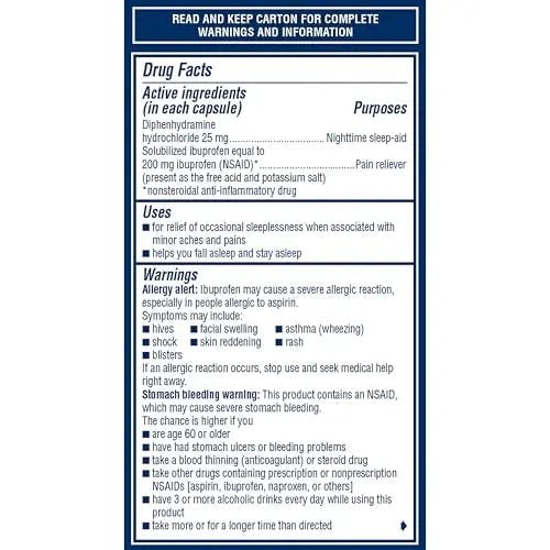 Advil PM Liqui-Gels Pain Reliever and Nighttime Sleep Aid, Pain Medicine with Ibuprofen for Pain Relief and Diphenhydramine HCL for a Sleep Aid - 80 Liquid Filled Capsules - Back to College - Maple Wellness Supplements