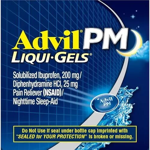 Advil PM Liqui-Gels Pain Reliever and Nighttime Sleep Aid, Pain Medicine with Ibuprofen for Pain Relief and Diphenhydramine HCL for a Sleep Aid - 80 Liquid Filled Capsules - Back to College - Maple Wellness Supplements