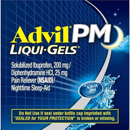 Advil PM Liqui-Gels Pain Reliever and Nighttime Sleep Aid, Pain Medicine with Ibuprofen for Pain Relief and Diphenhydramine HCL for a Sleep Aid - 80 Liquid Filled Capsules - Back to College - Maple Wellness Supplements