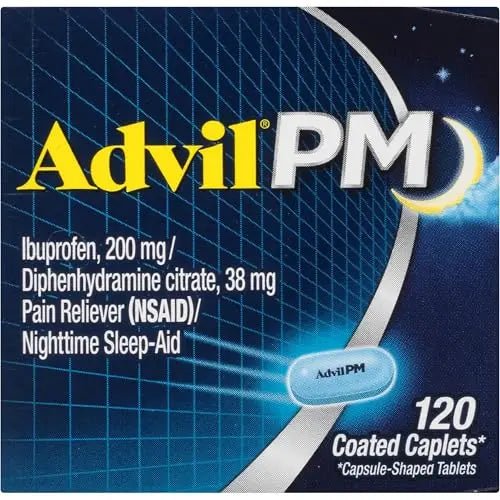 Advil PM Pain Reliever and Nighttime Sleep Aid, Ibuprofen for Pain Relief and Diphenhydramine Citrate for a Sleep Aid - 120 Coated Caplets and Pain Reliever and Fever Reducer, 10 Count Tablets - Maple Wellness Supplements
