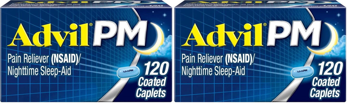 Advil PM Pain Reliever and Nighttime Sleep Aid, Pain Medicine with Ibuprofen for Pain Relief and Diphenhydramine Citrate for A Sleep Aid - 120 Coated Caplets (Pack of 2) - Maple Wellness Supplements