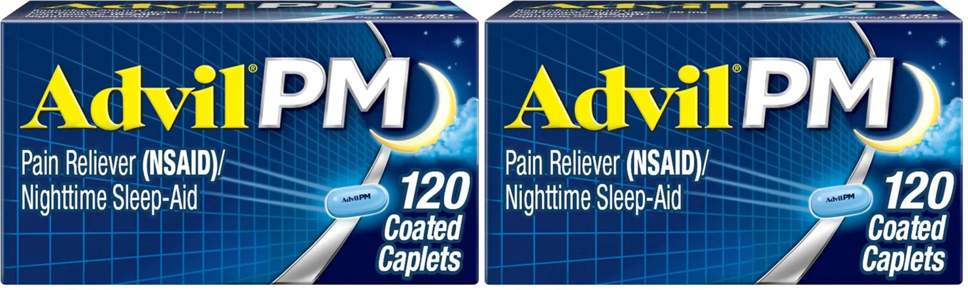 Advil PM Pain Reliever and Nighttime Sleep Aid, Pain Medicine with Ibuprofen for Pain Relief and Diphenhydramine Citrate for A Sleep Aid - 120 Coated Caplets (Pack of 2) - Maple Wellness Supplements