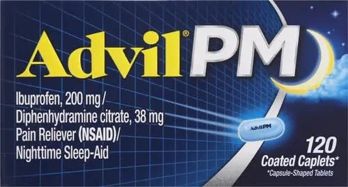 Advil PM Pain Reliever and Nighttime Sleep Aid, Pain Medicine with Ibuprofen for Pain Relief and Diphenhydramine Citrate for A Sleep Aid - 120 Coated Caplets (Pack of 2) - Maple Wellness Supplements