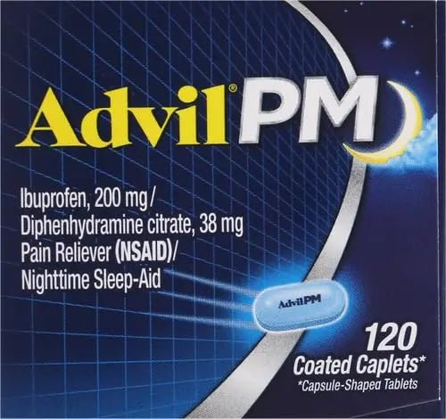 Advil PM Pain Reliever and Nighttime Sleep Aid, Pain Medicine with Ibuprofen for Pain Relief and Diphenhydramine Citrate for A Sleep Aid - 120 Coated Caplets (Pack of 2) - Maple Wellness Supplements