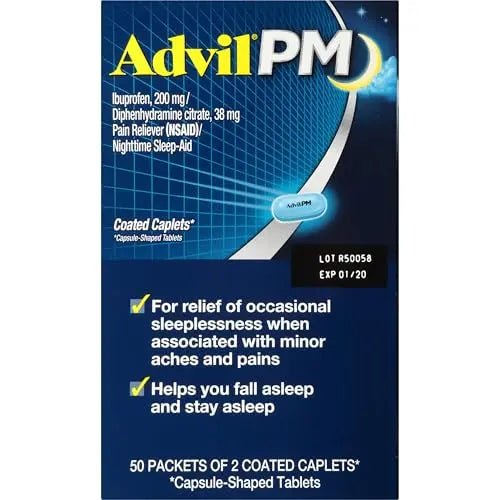 Advil PM Pain Reliever and Nighttime Sleep Aid, Pain Medicine with Ibuprofen for Pain Relief and Diphenhydramine Citrate for a Sleep Aid - 50x2 Coated Caplets - Maple Wellness Supplements