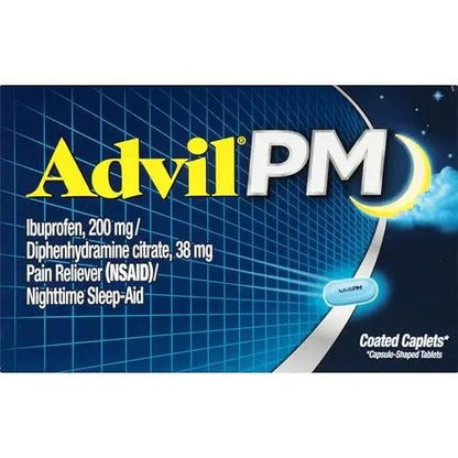 Advil PM Pain Reliever and Nighttime Sleep Aid, Pain Medicine with Ibuprofen for Pain Relief and Diphenhydramine Citrate for a Sleep Aid - 50x2 Coated Caplets - Maple Wellness Supplements