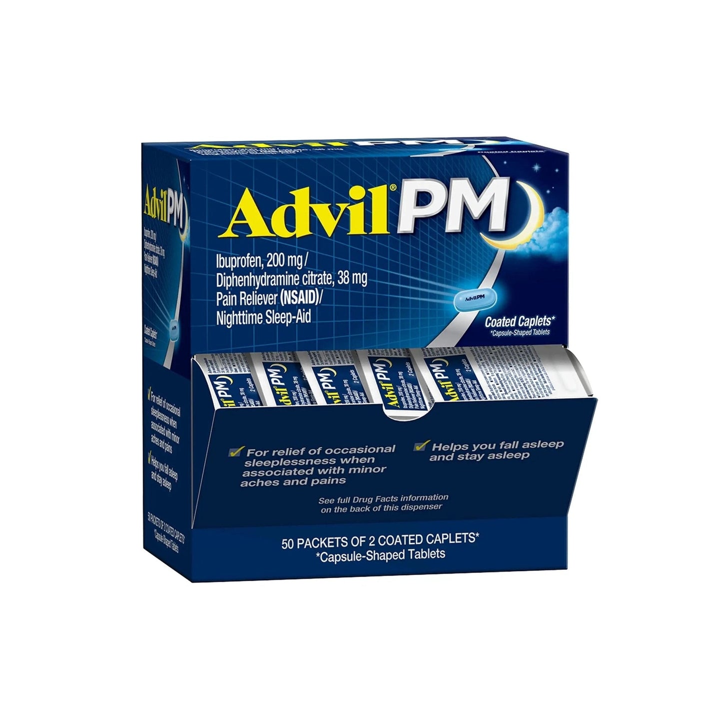Advil PM Pain Reliever and Nighttime Sleep Aid, Pain Medicine with Ibuprofen for Pain Relief and Diphenhydramine Citrate for a Sleep Aid - 50x2 Coated Caplets - Maple Wellness Supplements