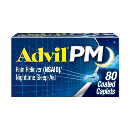 Advil PM Pain Reliever and Nighttime Sleep Aid, Pain Medicine with Ibuprofen for Pain Relief and Diphenhydramine Citrate for a Sleep Aid - 80 Coated Caplets - Maple Wellness Supplements