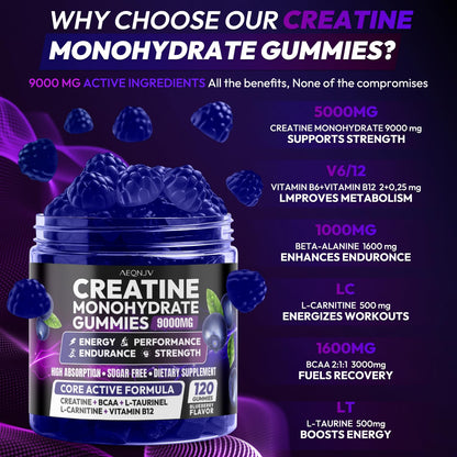 AEQNJV Creatine Gummies Monohydrate Complex for Men & Women, 9000MG Creatine Pre-Workout Supplement Enhance Muscle Strength Recovery Cognitive Health & Memory, 120 Gummies Sugar Free Vegan Non-GMO - Maple Wellness Supplements