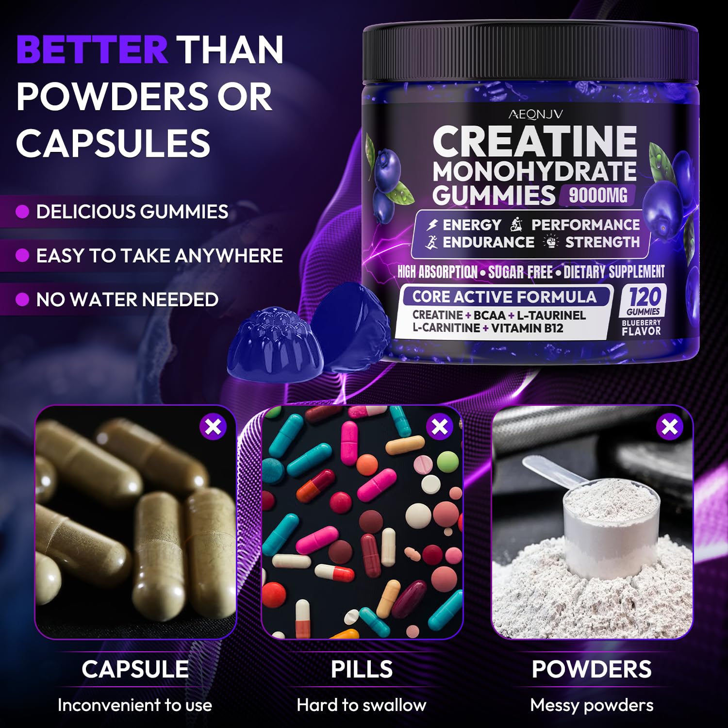 AEQNJV Creatine Gummies Monohydrate Complex for Men & Women, 9000MG Creatine Pre-Workout Supplement Enhance Muscle Strength Recovery Cognitive Health & Memory, 120 Gummies Sugar Free Vegan Non-GMO - Maple Wellness Supplements