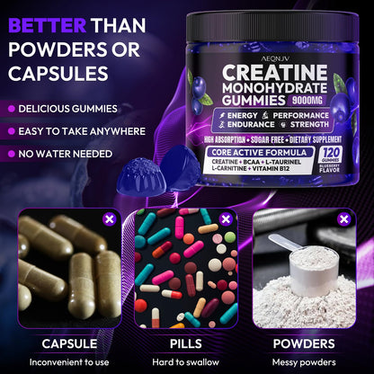 AEQNJV Creatine Gummies Monohydrate Complex for Men & Women, 9000MG Creatine Pre-Workout Supplement Enhance Muscle Strength Recovery Cognitive Health & Memory, 120 Gummies Sugar Free Vegan Non-GMO - Maple Wellness Supplements