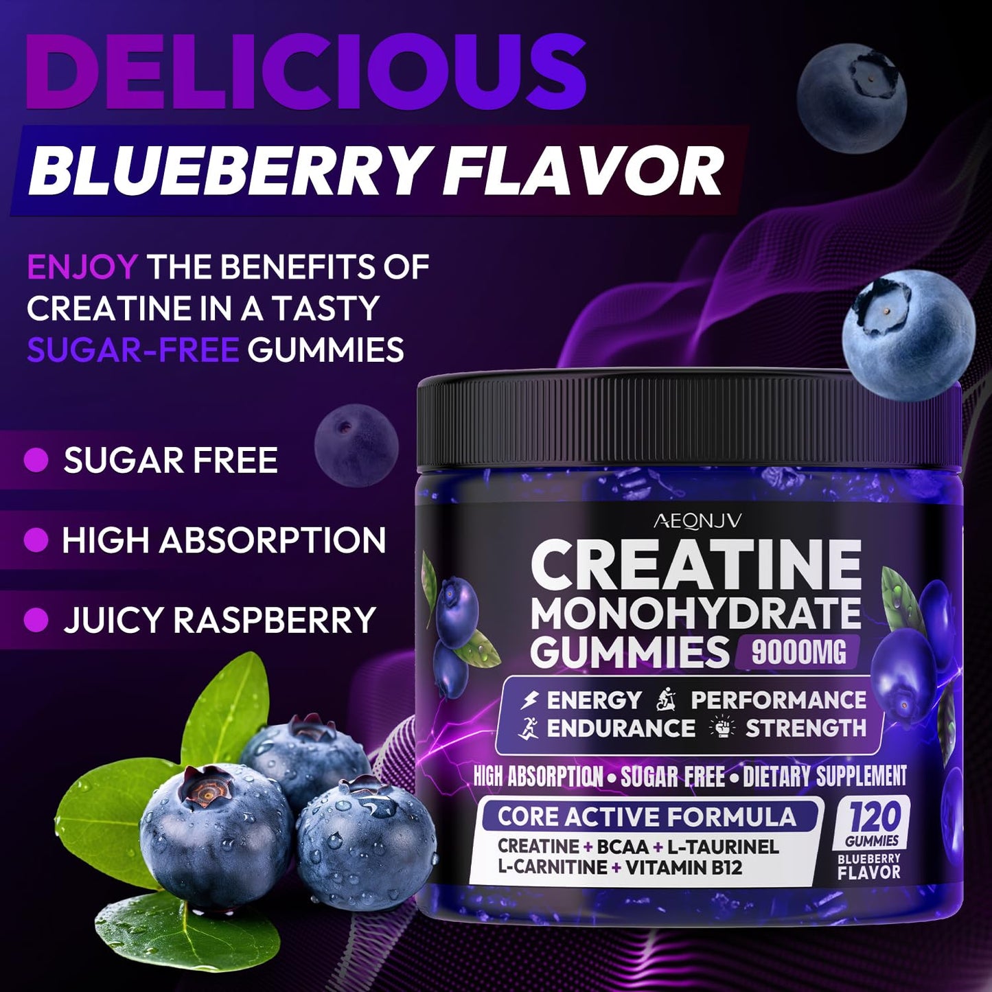 AEQNJV Creatine Gummies Monohydrate Complex for Men & Women, 9000MG Creatine Pre-Workout Supplement Enhance Muscle Strength Recovery Cognitive Health & Memory, 120 Gummies Sugar Free Vegan Non-GMO - Maple Wellness Supplements
