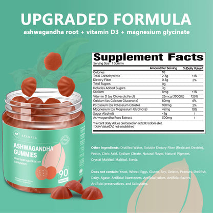 AFXMATE Ashwagandha Gummies for Women Sugar Free, Men's Ashwagandha Supplement Gummy with Vitamin D Magnesium Vegan (90 Counts) - Maple Wellness Supplements