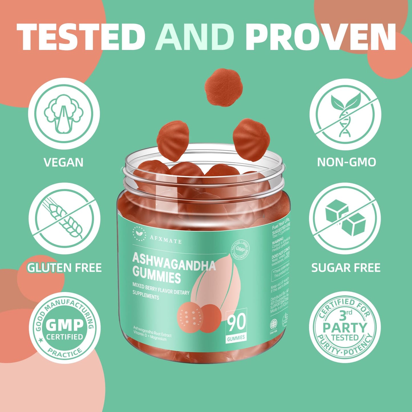 AFXMATE Ashwagandha Gummies for Women Sugar Free, Men's Ashwagandha Supplement Gummy with Vitamin D Magnesium Vegan (90 Counts) - Maple Wellness Supplements