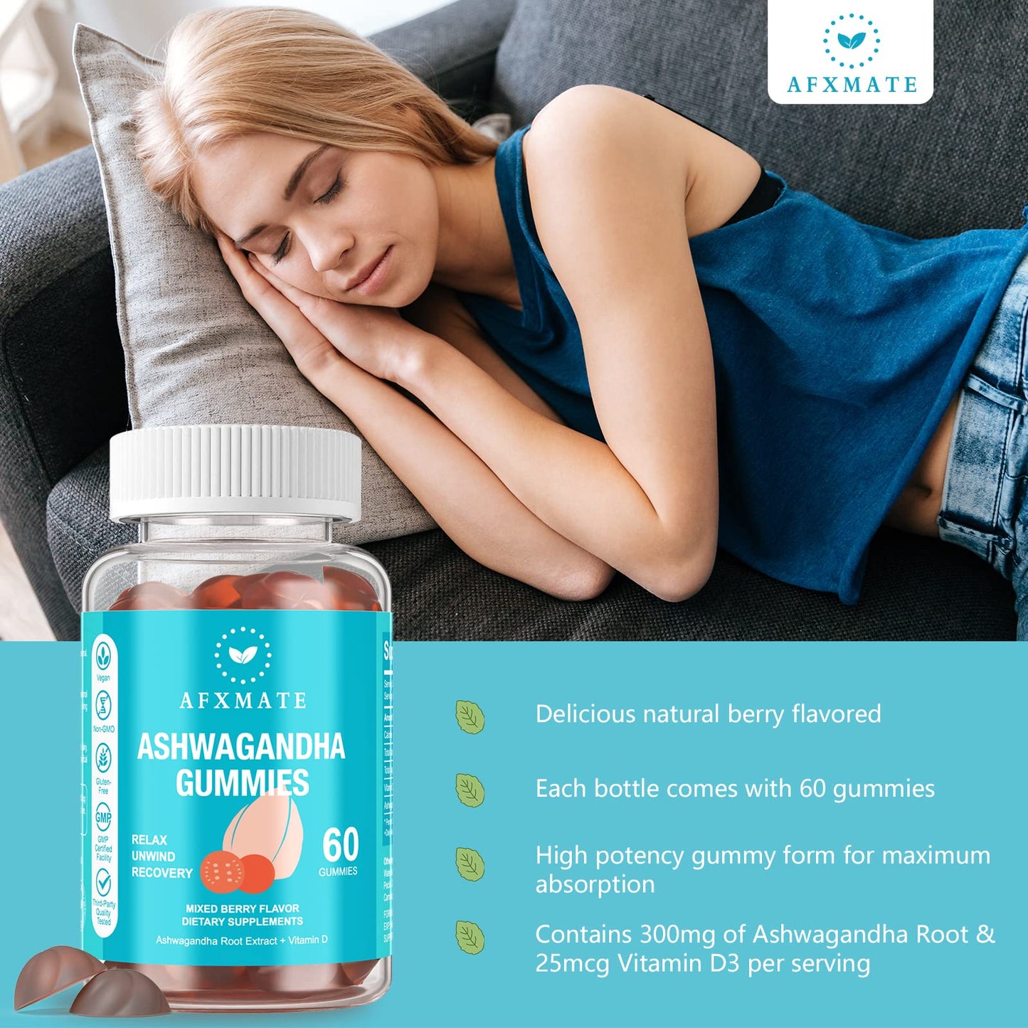 AFXMATE Ashwagandha Gummies & Vitamin D Gummies for Men & Women 120 Count Aswangdha Supplement (Non-GMO, Sugar Free & Gluten Free) - Maple Wellness Supplements