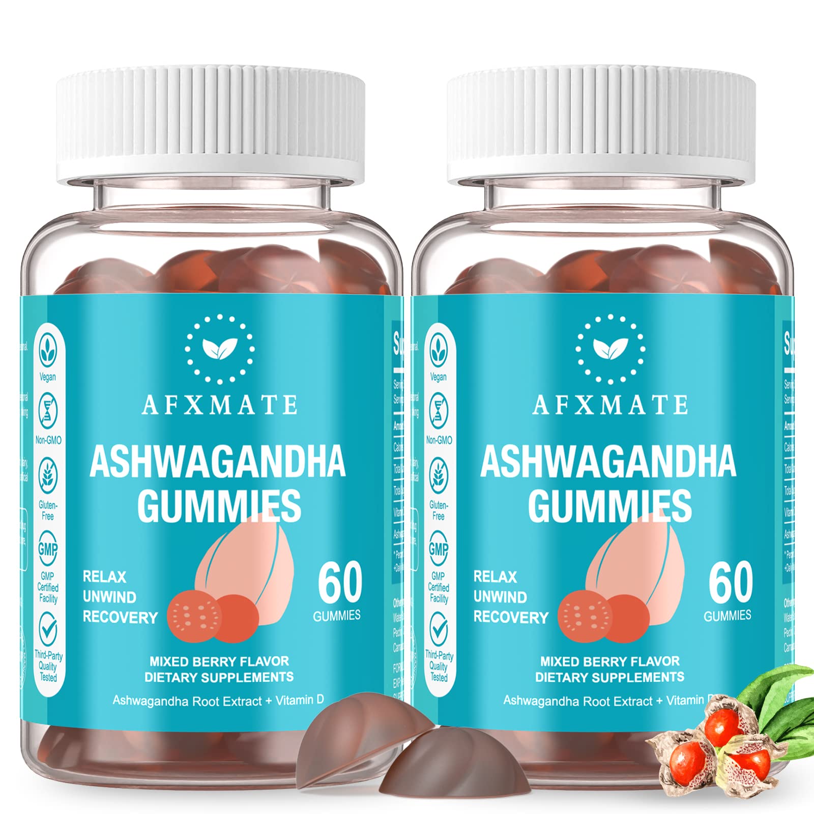 AFXMATE Ashwagandha Gummies & Vitamin D Gummies for Men & Women 120 Count Aswangdha Supplement (Non-GMO, Sugar Free & Gluten Free) - Maple Wellness Supplements