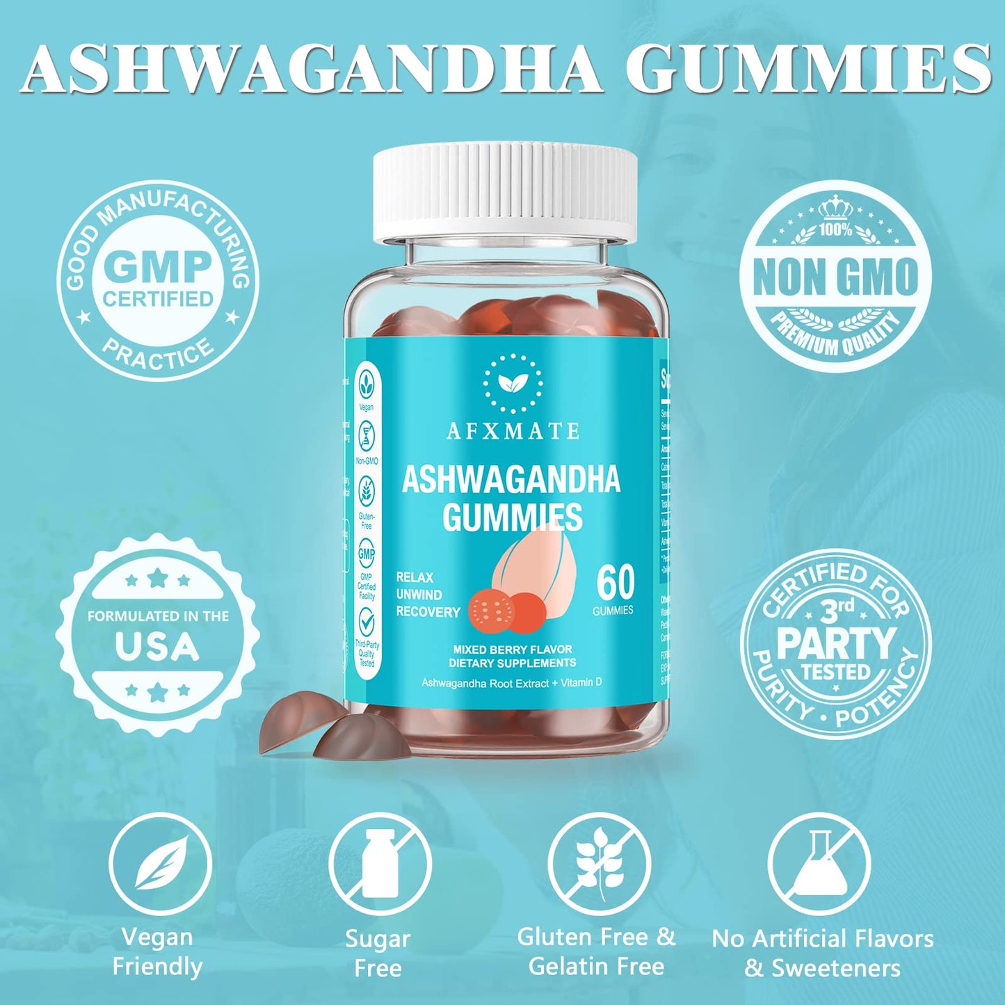 AFXMATE Ashwagandha Gummies & Vitamin D Gummies for Men & Women 120 Count Aswangdha Supplement (Non-GMO, Sugar Free & Gluten Free) - Maple Wellness Supplements