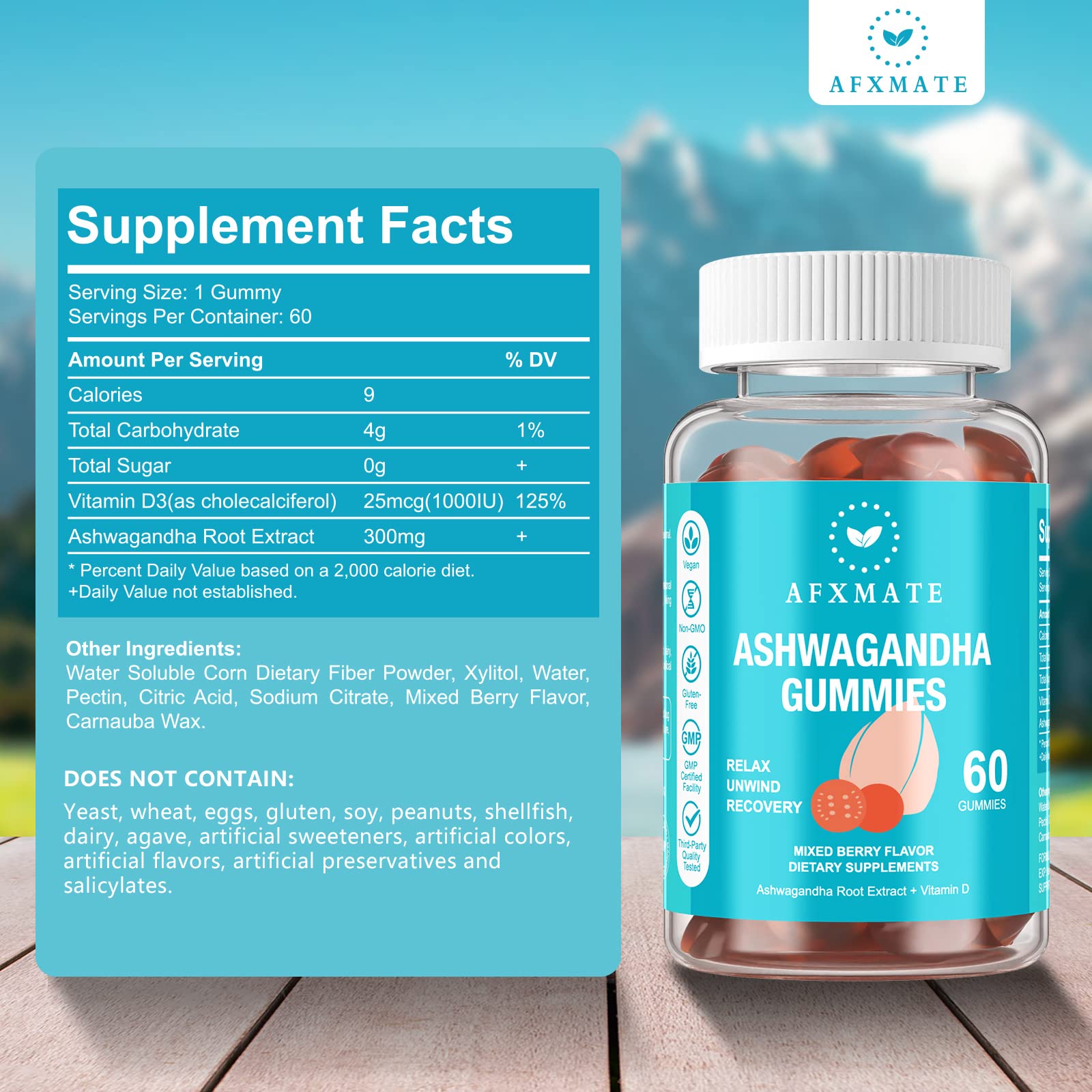 AFXMATE Ashwagandha Gummies & Vitamin D Gummies for Men & Women 120 Count Aswangdha Supplement (Non-GMO, Sugar Free & Gluten Free) - Maple Wellness Supplements