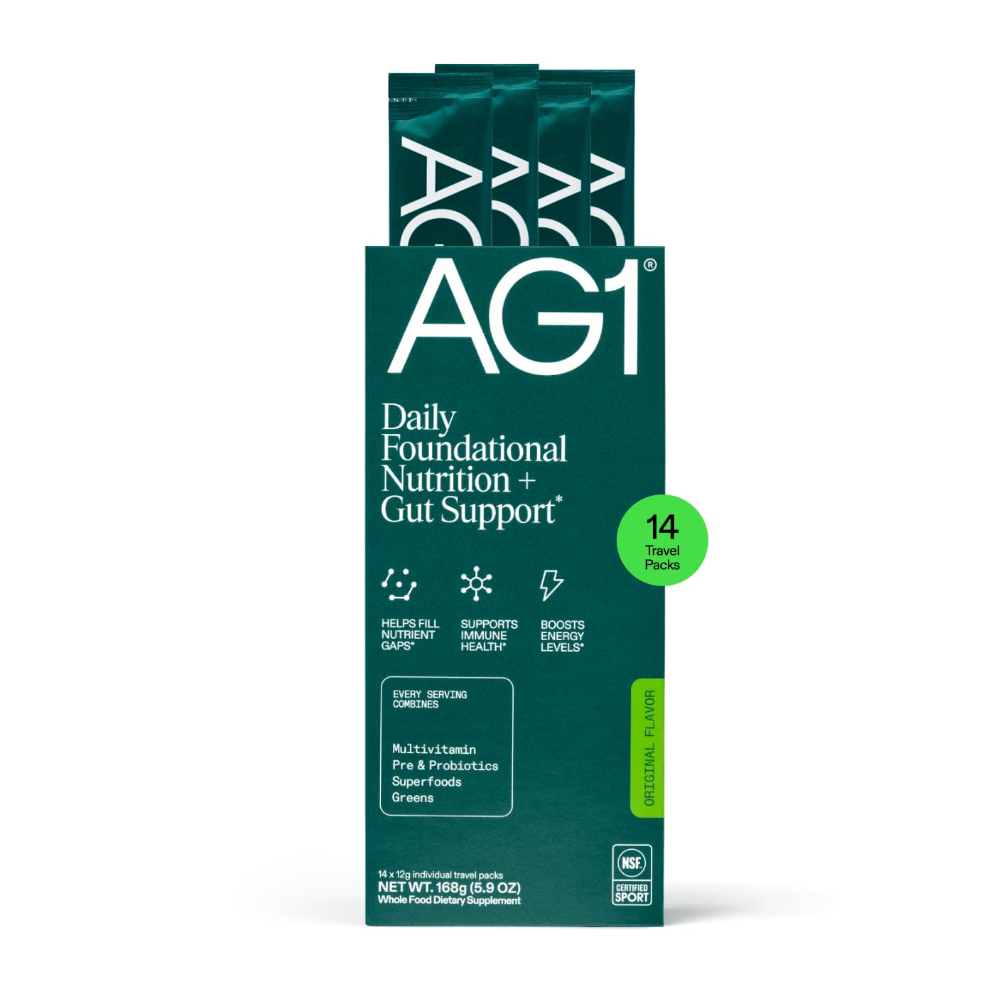AG1 Athletic Greens Powder Supplement, Improve Gut Health, Multivitamin, Probiotic, Gluten Free, Vegan and Keto Friendly, 75 Vitamins (Travel Packs, 14 Count) - Classic Formula - Maple Wellness Supplements