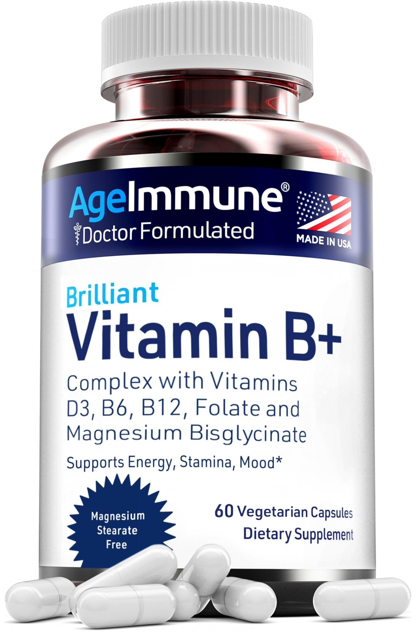 AgeImmune Vitamin B Complex with Vitamin D3 B12 B6 Magnesium Bisglycinate and Folate as Methylfolate - Doctor Formulated Methylated B Complex Supplement - Maple Wellness Supplements