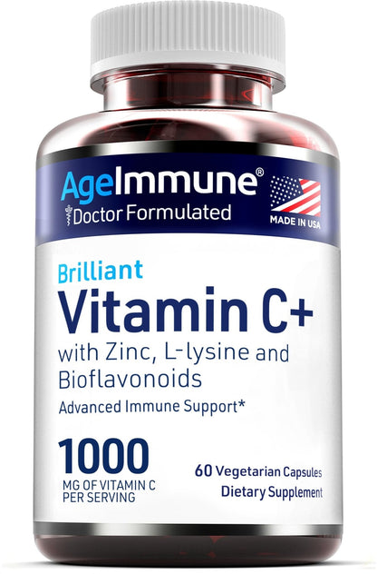 AgeImmune Vitamin C 1000mg Complex with L-Lysine 500mg, Zinc 12mg, Bioflavonoids 300mg. Doctor Formulated Magnesium Stearate Free Supplements for Healthy Immune System Support.(1) - Maple Wellness Supplements
