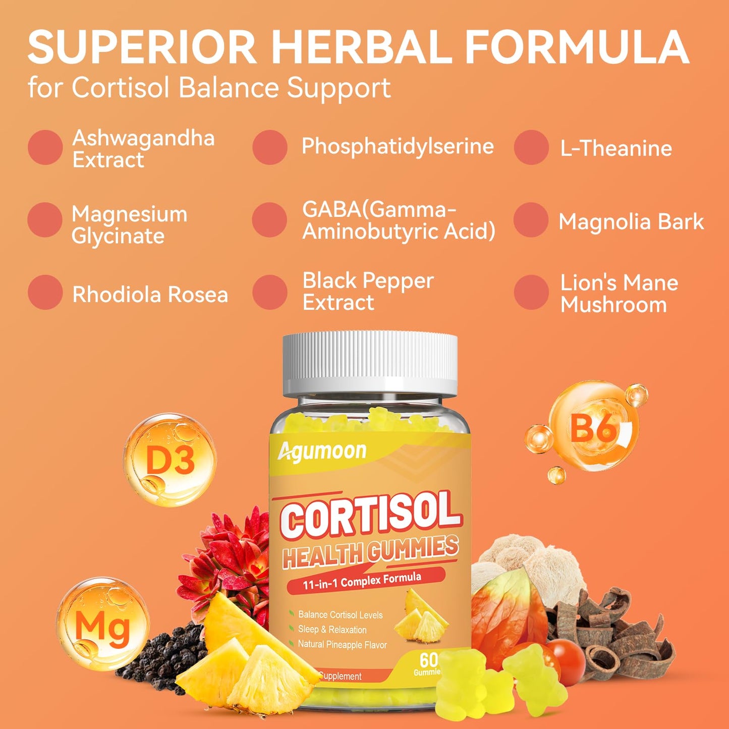 Agumoon Cortisol Gummies for Women, Cortisol Supplements with Ashwagandha, Magnesium, L-theanine, for Relaxation and Mood Support - 120 Gummies - Maple Wellness Supplements