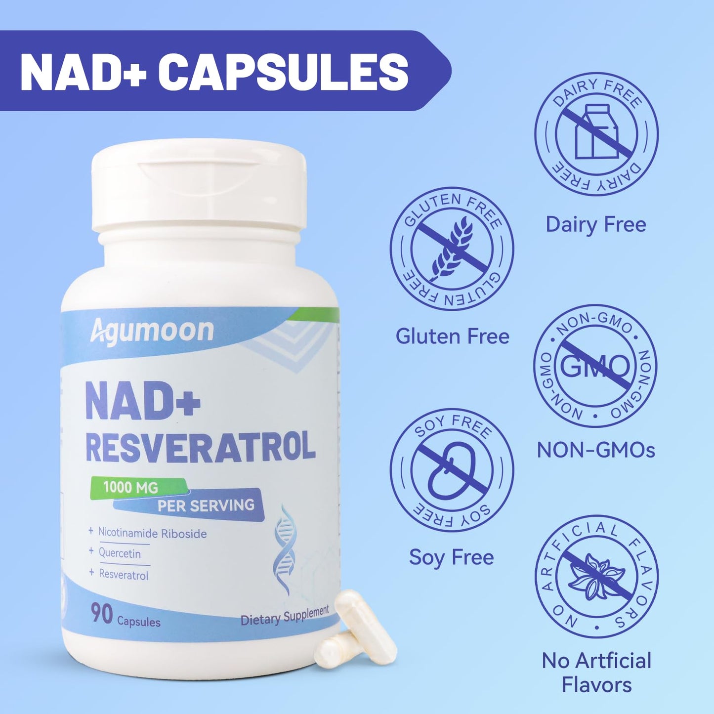 Agumoon NAD+ Supplement 1000mg, Liposomal NAD Nicotinamide Riboside Supplement with Resveratrol & Quercetin for Women and Men - 90 Capsules - Maple Wellness Supplements