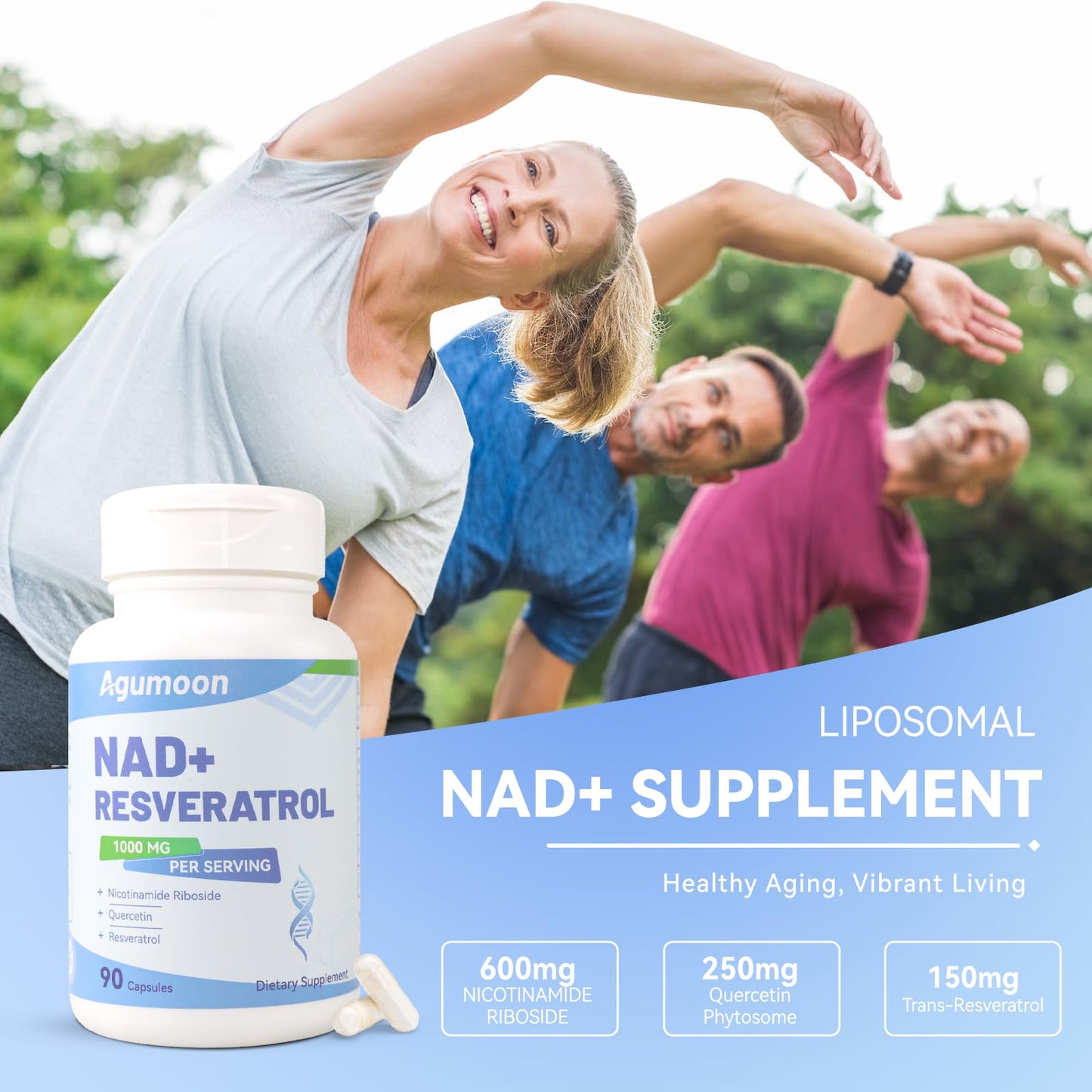 Agumoon NAD+ Supplement 1000mg, Liposomal NAD Nicotinamide Riboside Supplement with Resveratrol & Quercetin for Women and Men - 90 Capsules - Maple Wellness Supplements