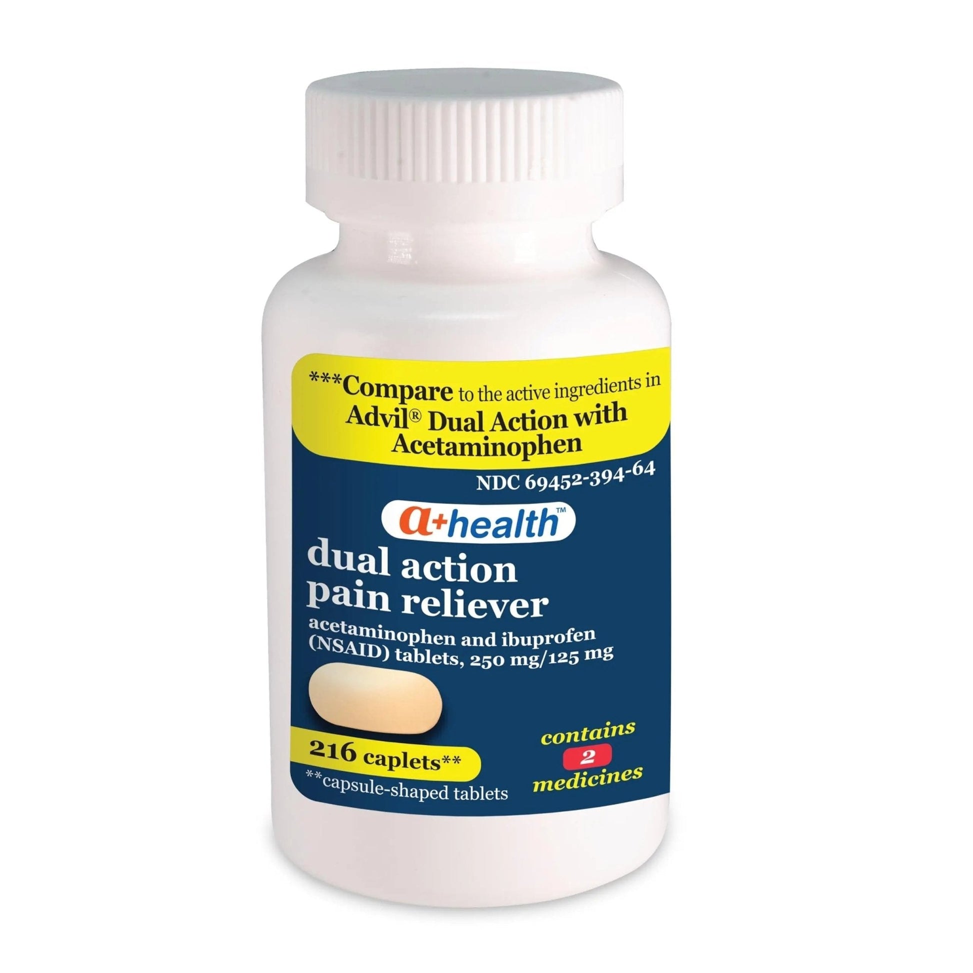 A+Health Dual Action Acetaminophen 250 mg and Ibuprofen (NSAID) 125mg Pain Reliever Caplets, 216 Count, 2 Medicines in 1 Caplet, Up to 8 Hours of Pain Relief - Maple Wellness Supplements