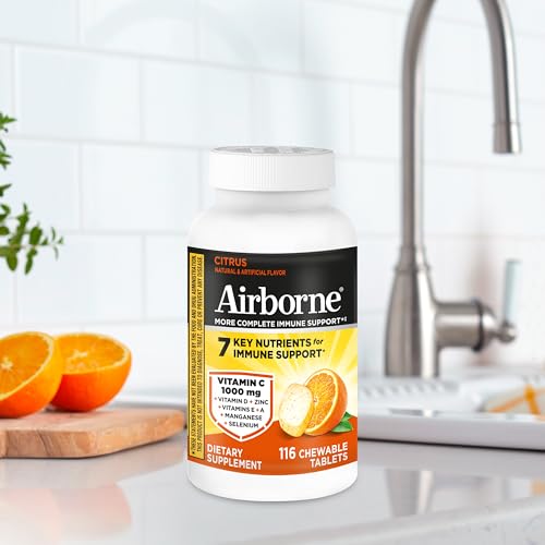 Airborne Vitamin C 1000mg (per Serving) - Citrus Chewable Tablets (116 Count in a Bottle), Gluten-Free Immune Support Supplement, with Vitamins A C E, Zinc, Selenium - Maple Wellness Supplements