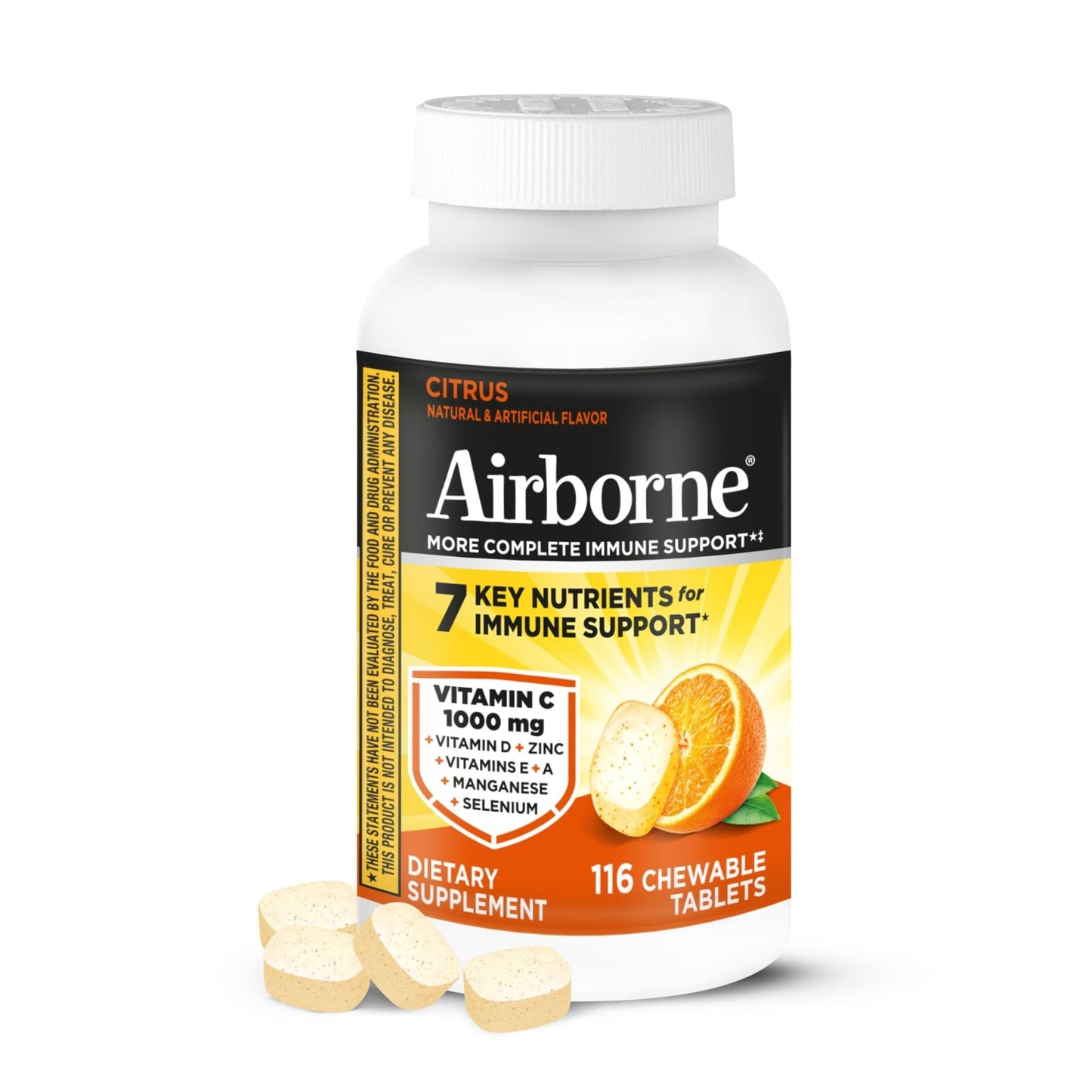 Airborne Vitamin C 1000mg (per Serving) - Citrus Chewable Tablets (116 Count in a Bottle), Gluten-Free Immune Support Supplement, with Vitamins A C E, Zinc, Selenium - Maple Wellness Supplements