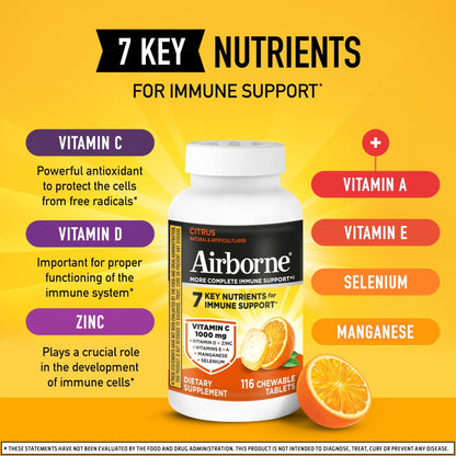 Airborne Vitamin C 1000mg (per Serving) - Citrus Chewable Tablets (116 Count in a Bottle), Gluten-Free Immune Support Supplement, with Vitamins A C E, Zinc, Selenium - Maple Wellness Supplements
