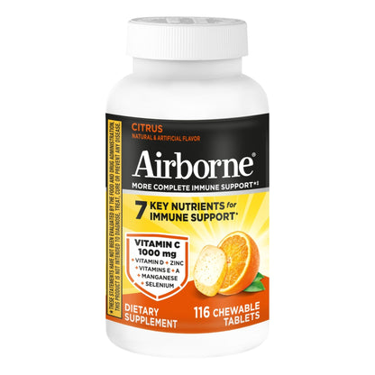 Airborne Vitamin C 1000mg (per Serving) - Citrus Chewable Tablets (116 Count in a Bottle), Gluten-Free Immune Support Supplement, with Vitamins A C E, Zinc, Selenium - Maple Wellness Supplements