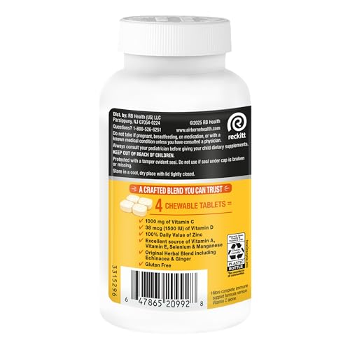 Airborne Vitamin C 1000mg (per Serving) - Citrus Chewable Tablets (116 Count in a Bottle), Gluten-Free Immune Support Supplement, with Vitamins A C E, Zinc, Selenium - Maple Wellness Supplements