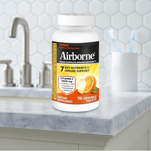 Airborne Vitamin C 1000mg (per Serving) - Citrus Chewable Tablets (116 Count in a Bottle), Gluten-Free Immune Support Supplement, with Vitamins A C E, Zinc, Selenium - Maple Wellness Supplements