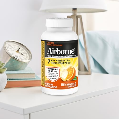 Airborne Vitamin C 1000mg (per Serving) - Citrus Chewable Tablets (116 Count in a Bottle), Gluten-Free Immune Support Supplement, with Vitamins A C E, Zinc, Selenium - Maple Wellness Supplements